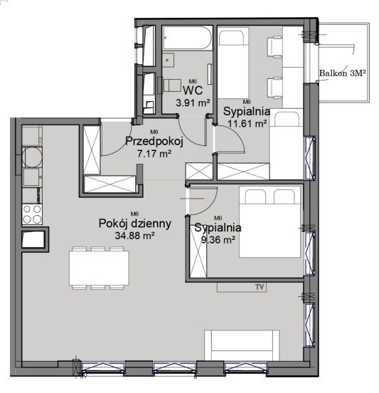 Mieszkanie 3-pokojowe z dwoma balkonami